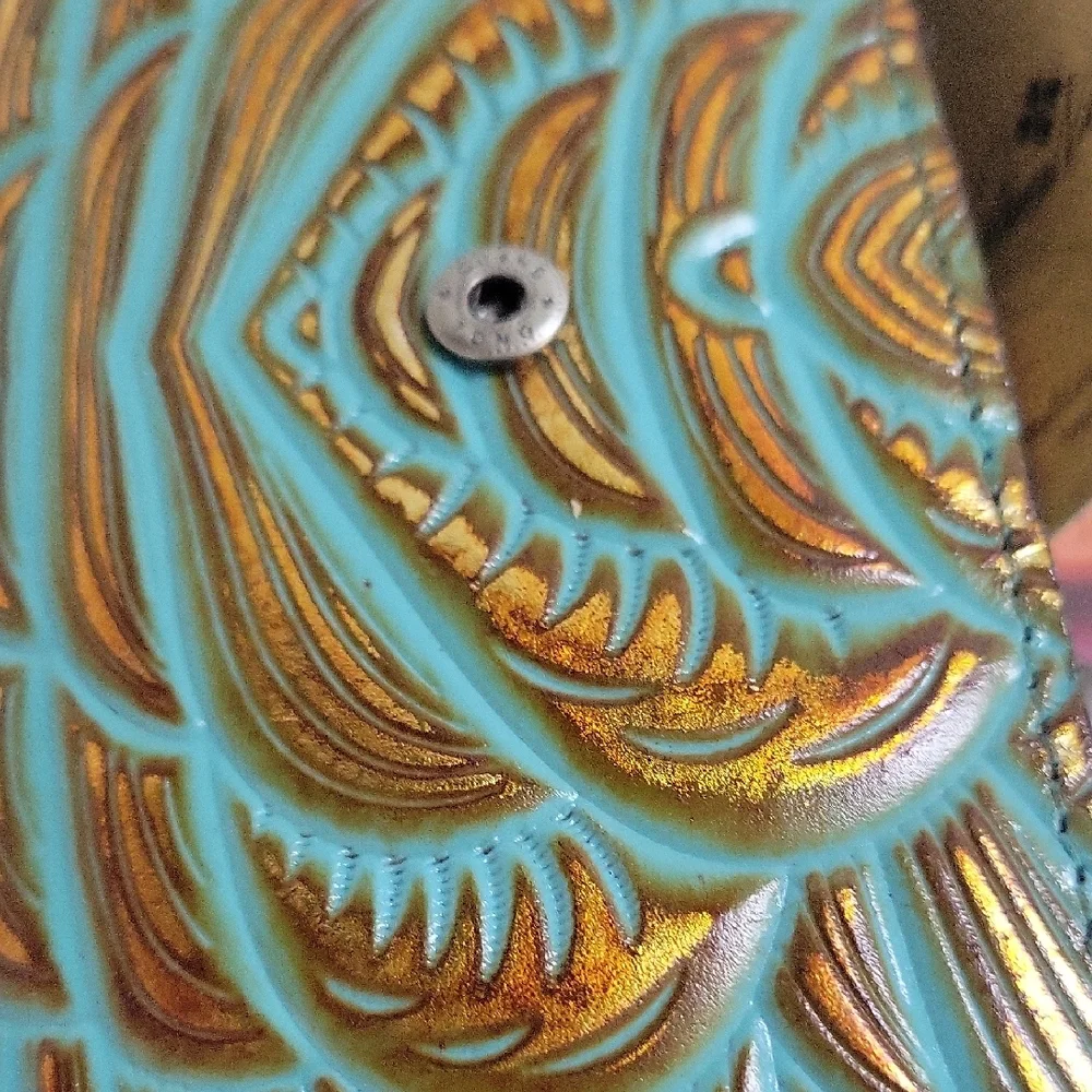 Patrcia Nash Turquoise Tooled Leather Wallet with Bronze Design RFID Protect